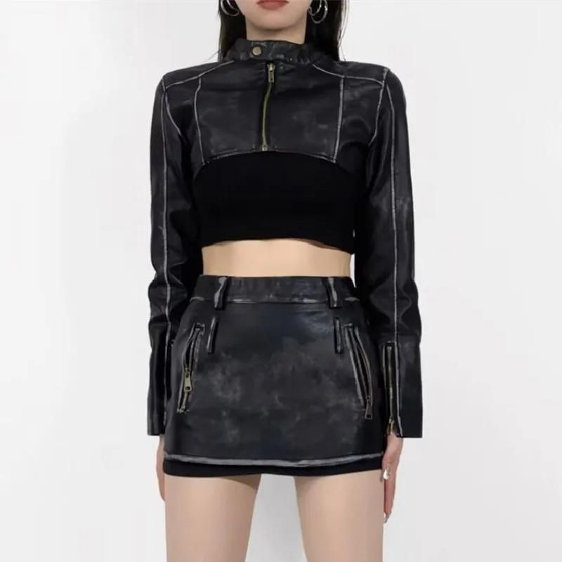 2023 Cool Women Vintage Washing Black Cropped PU Leather