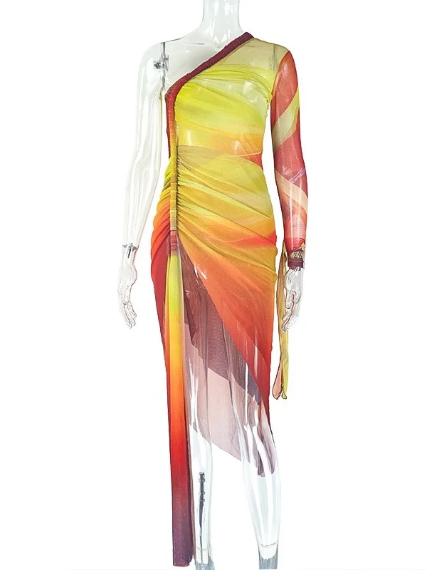 Wmstar Women Dresses 2025 Wholesale Sexy Mesh See Through Single Sleeve Summer High Waist Draped Bodycon Street Wear Long Dress