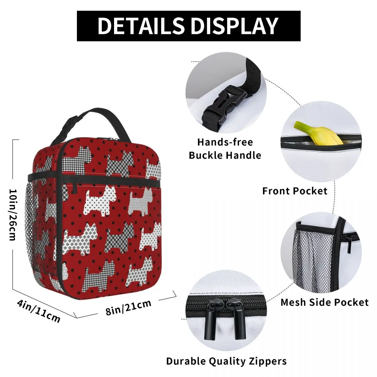 Westies Polka Dot Cartoon Thermal Insulated Lunch Bag West Highland White Terrier Dog Portable Lunch Container Storage Food Box