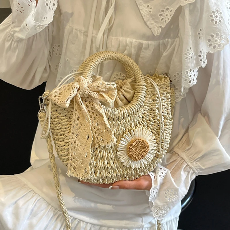 Straw Bags for Women Moon shaped Handbags Summer Rattan Shoulder Bags Handmade Knitted Storge Small Totes Bag 2024 New