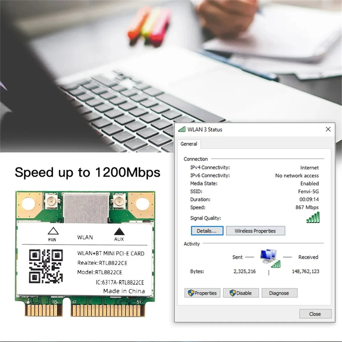 더운 듀얼 밴드 미니 Pcie RTL8822CE 1200Mbps WiFi 카드 Bluetooth 5.1 무선 어댑터 802.11ac 노트북/PC Wind 10/11
