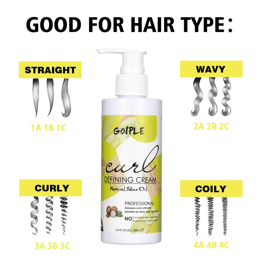 GOIPLE 6.8fl.Oz Natural Shea Oil Curl Defining Cream Tames Frizz Flyaways Enhances Curls Protects Hold Long Lasting Styling