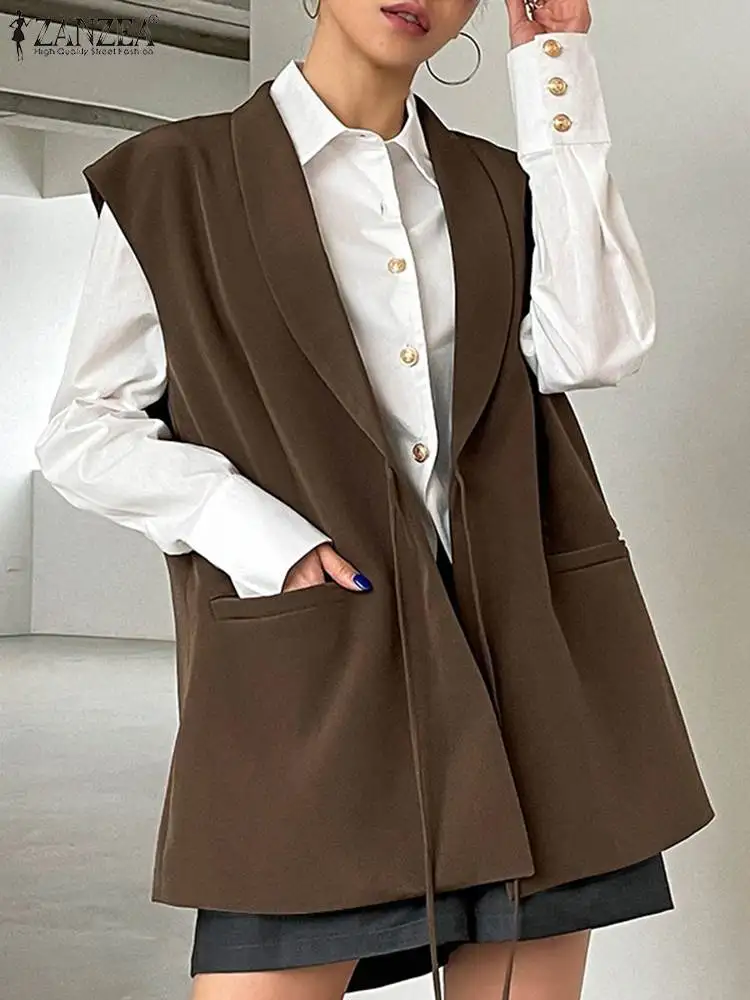 

ZANZEA Korean Style Blazer Tank Women Sleeveless Vest Fashion Lapel Collar Waistcoat Elegant Lace Up Jackets Oversized Outwears