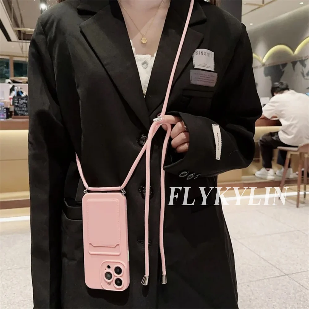Flat Rope Solid Color Card Holder Phone Case with Soft Silicone and Hanging Rope Design