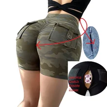 

Crotch zipper openings for easy fun pants Summer Sexy Women Sports High Waist Shorts with Pocket Athletic Gym Workout
