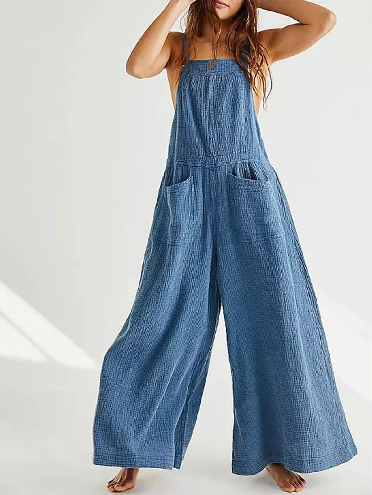 Women's Fashion Faux Denim Overall Jumpsuit Strap Sexy Pockets Wide Leg Female High Street Casual Backless Sleeveless Rompers women s overall pockets vintage jumpsuit casual harajuku rompers solid retro high street oversize jumpsuit female harem overalls