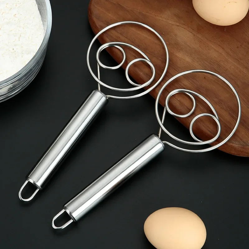 Danish Dough Whisk Dutch Style Stainless Steel Bread Dough Hand Mixer Binocular Coil Head Comfort Handle For Biscuits Bread Cake