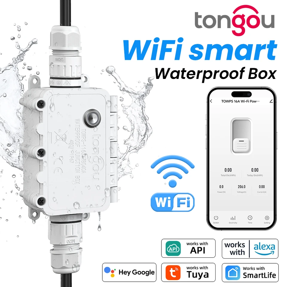 TONGOU Smart life Schalter 1~16A | Fernbedienung WLAN, Sprachsteuerung | IP67 Wasserdichte Abzweigdose mit Stromverbrauchsmessung | Geschützt gegen Überlastung | Hausautomation