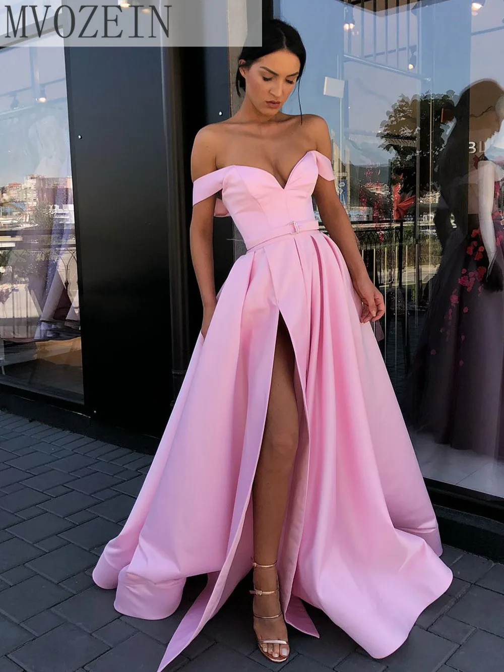 

Elegant Satin Evening Dress Pink Prom Dress High Slit Evening Gown Long Formal Dress Party Dresses