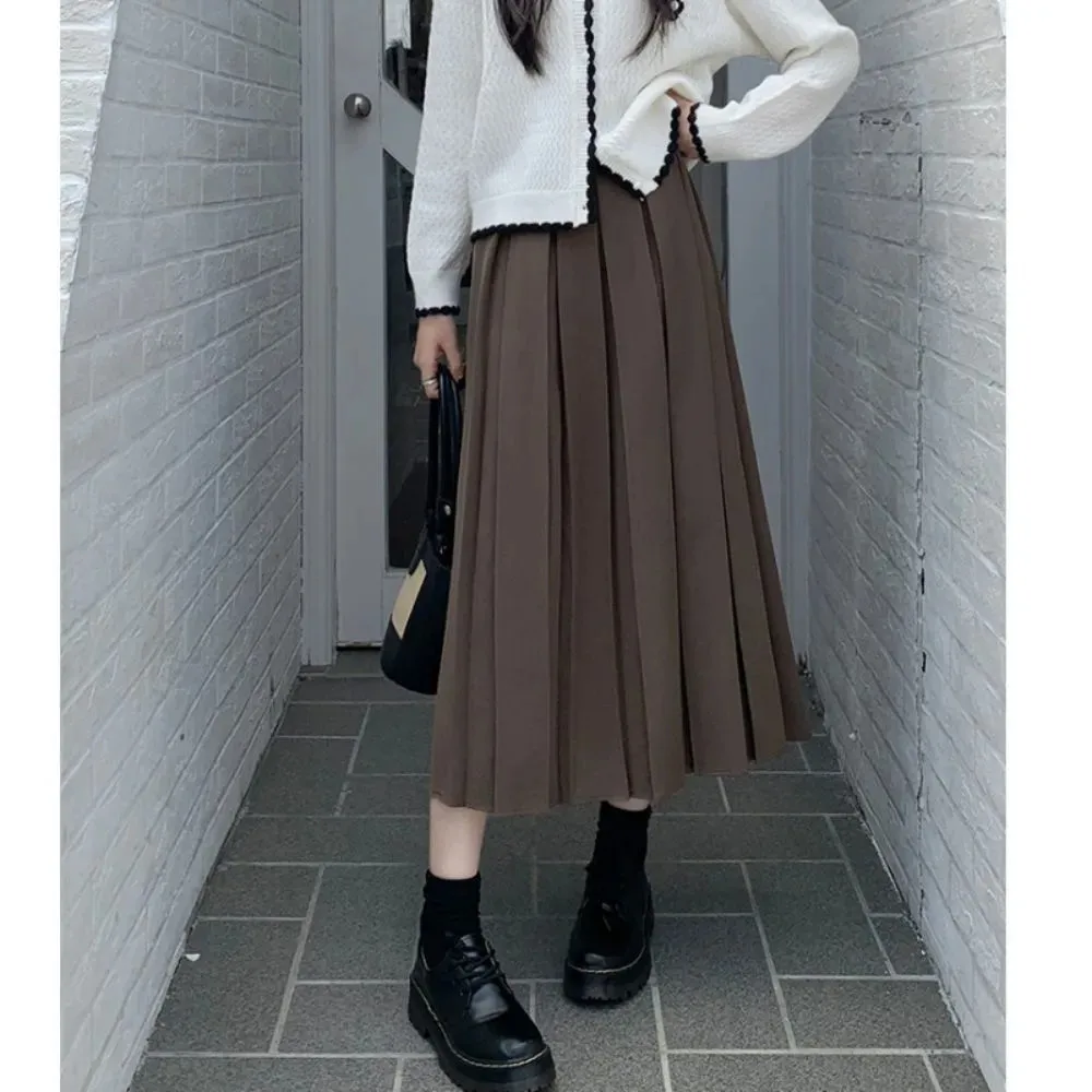 

Женская длинная юбка с высокой талией, черная плиссированная коричневая трапециевидная винтажная серая юбка в Корейском стиле, Офисная Повседневная Уличная одежда Y2k для девушек на осень