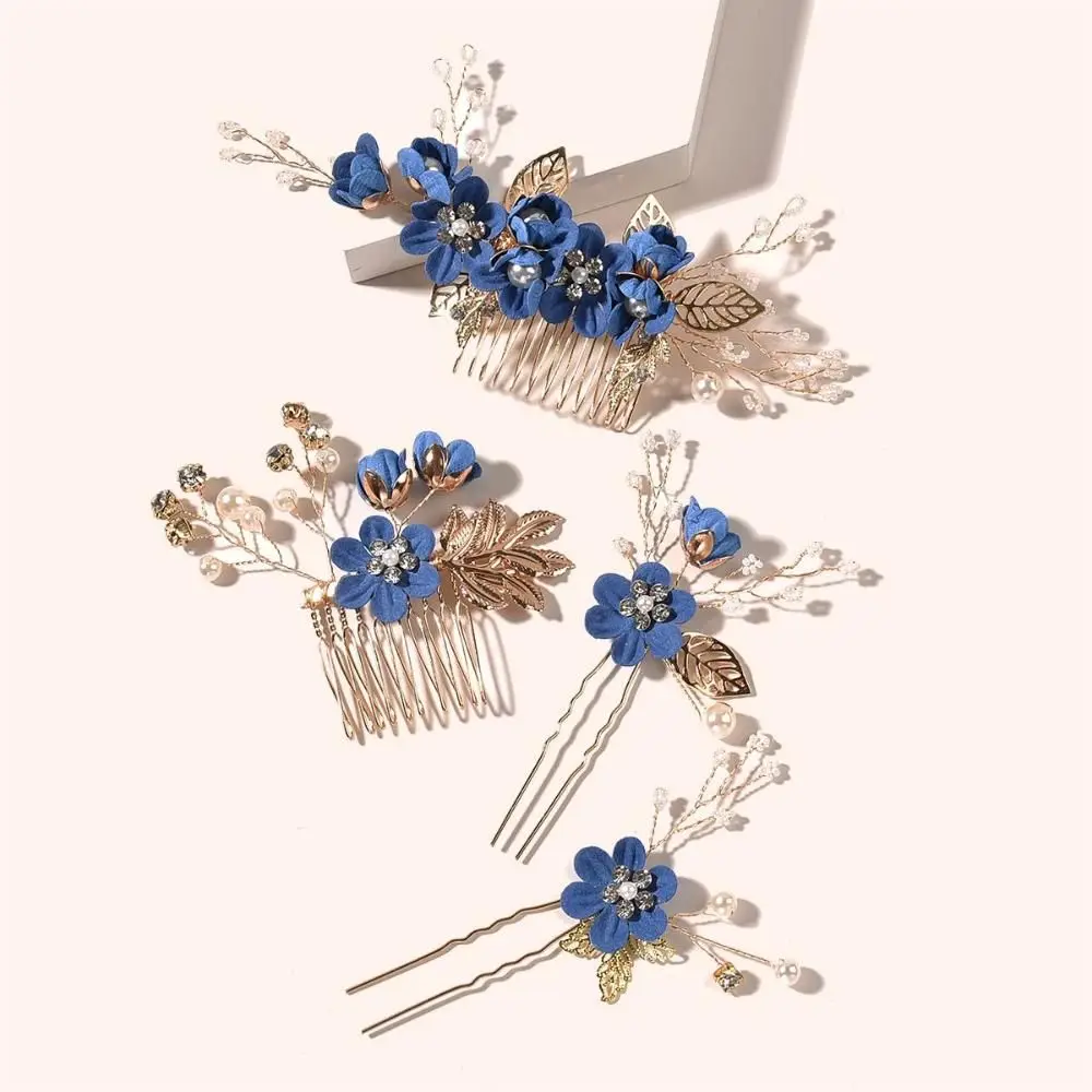 

Fashion Hairpins Luxury Blue Flower Hair Combs Headdress Prom Bridal Wedding Hair Accessories Gold Leaves Hair Jewelry Hair Pin