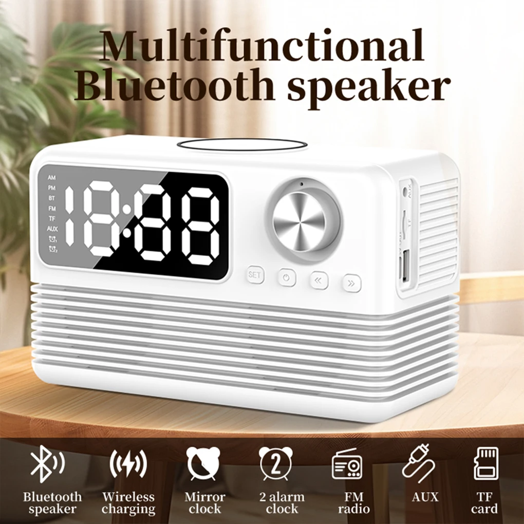 Muti-Function Bluetooth Music Speaker With 15w Wireless Fast Charge Real Time Dual Alarm Clock + FM radio USB External Charging