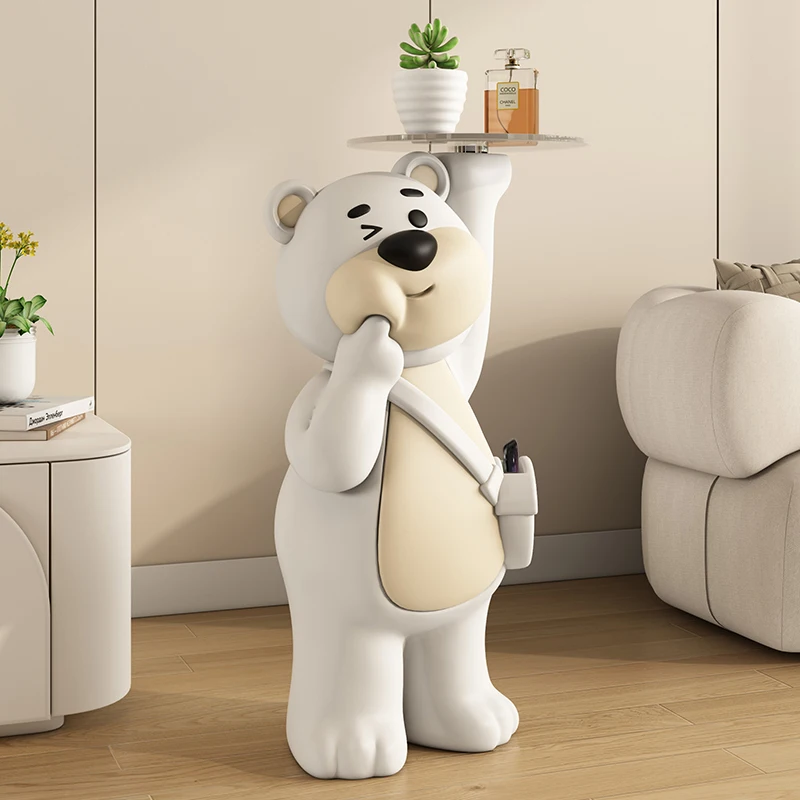 

Polar bear large floor to ceiling ornament, violent bear tray next to living room sofa, housewarming home decoration