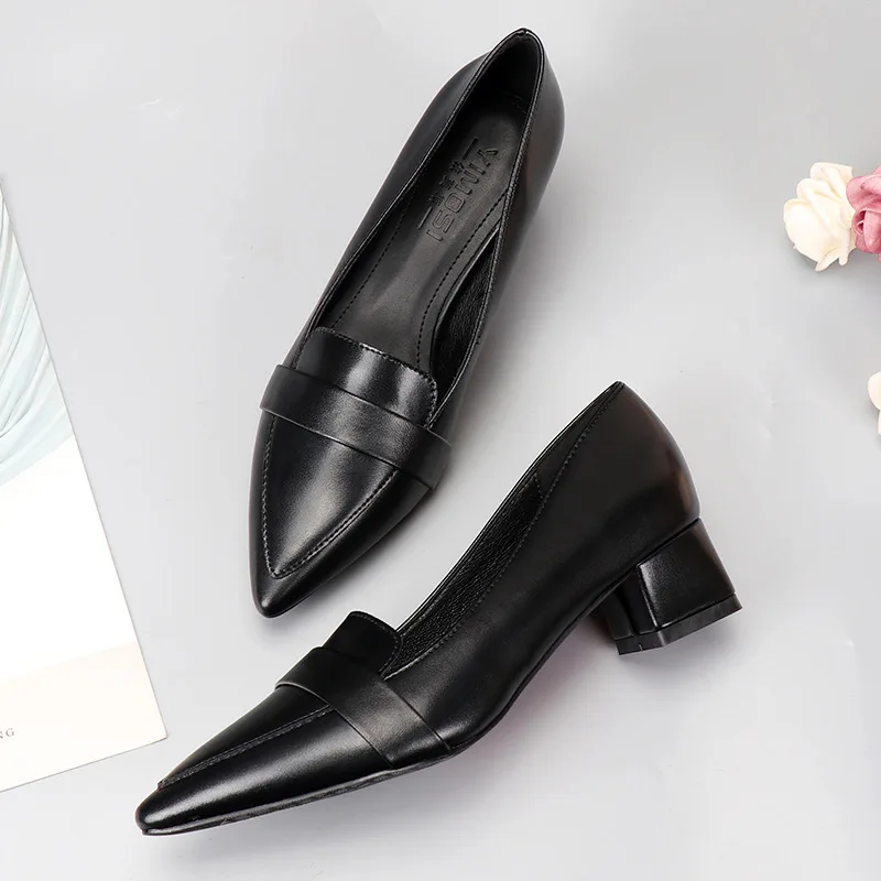 

Fashion Women Elegant Simple Black Pumps Soft Sole Square High Heels Pointed Toe Sewing Slip on Office Work Shoes