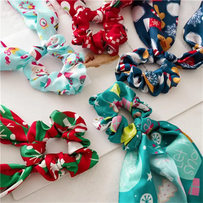 Santa Claus Bows Hair Scrunchies Long ribbon Ponytail Scarf Hair Tie Women Girls Elastic Bands Christmas Accessories