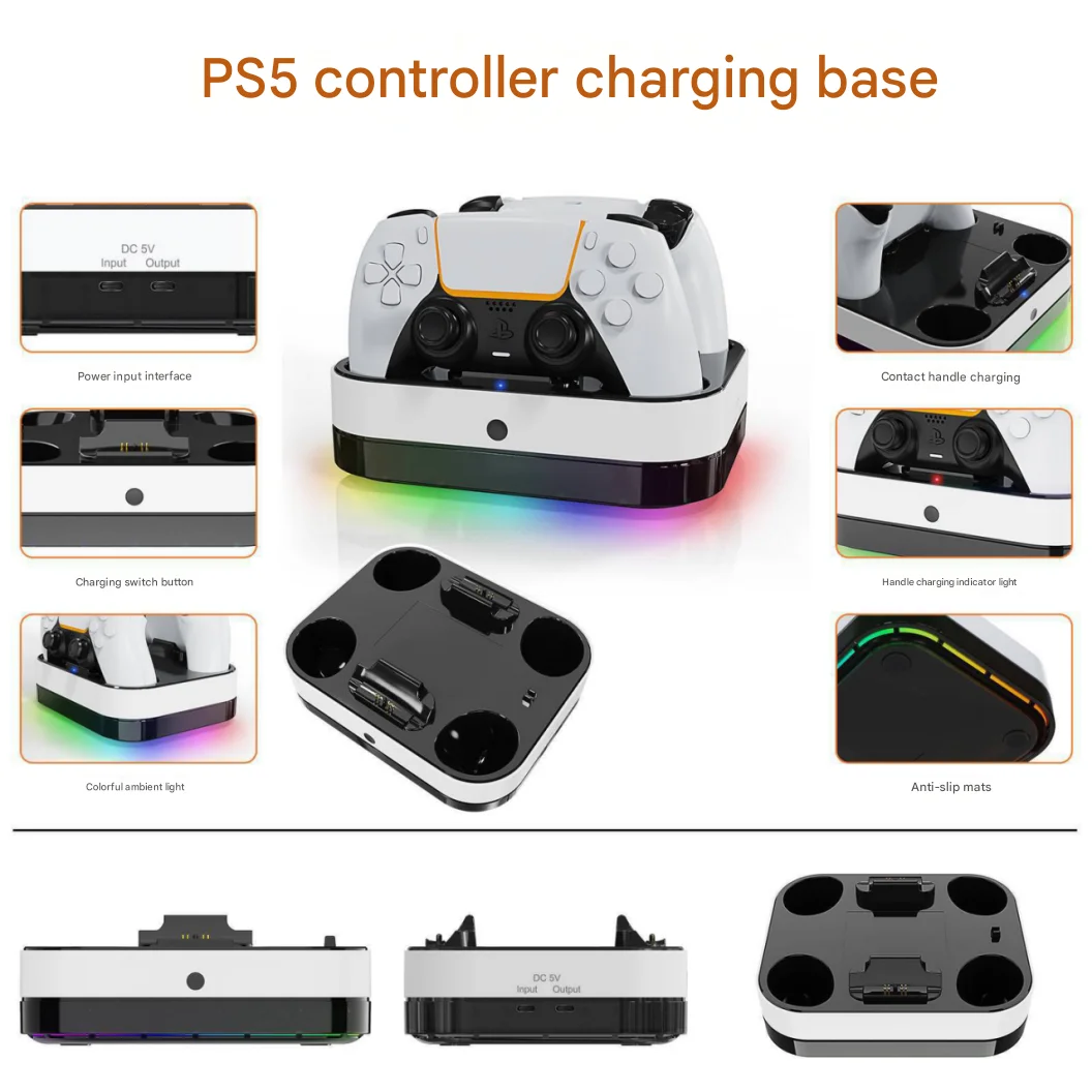 PS5 게임 컨트롤러 듀얼 충전 거치대, PS5 무선 게임 패드용 RGB 컬러 라이트 접촉식 충전 스탠드