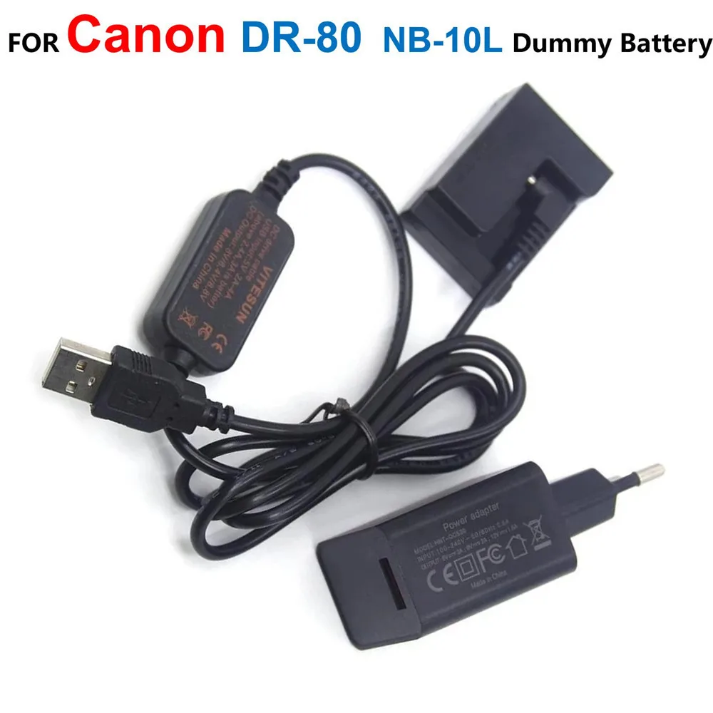 Caricabatteria Portatile Per Canon Con Batteria Fittizia NB-10L E Cavo USB – Adattatore CC DR-80 Per Fotocamere G1X, G3X, G15, G16, SX50, SX60