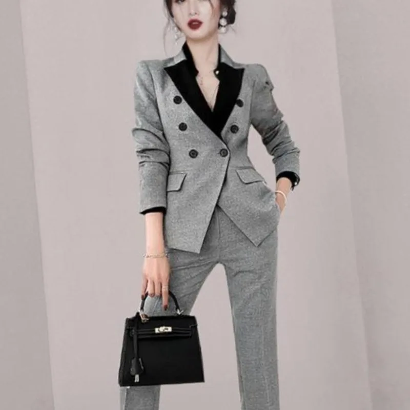 

Women's Autumn Winter Fashion Elegant Suit Collar Contrast Button Pocket Style Commuting Long Sleeve Slim Fit Two Piece Suit
