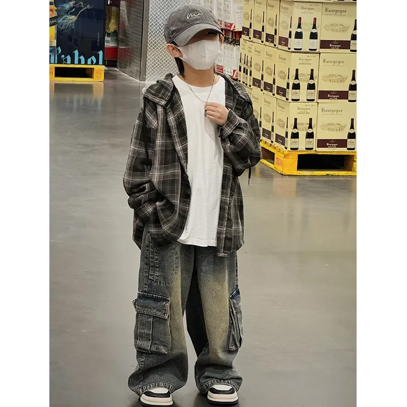 Plaid Shirt for Boys Spring Autumn Long Sleeve Children's Clothing Retro Style Trendy Teenage Wear Comfortable Fit AE Stock