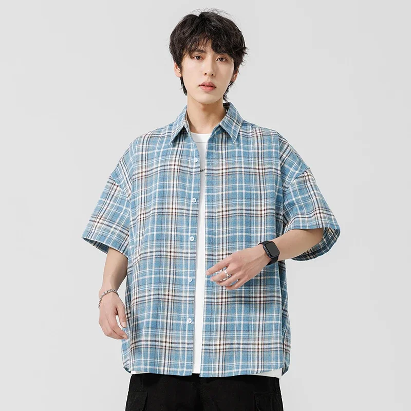남성용 격자 무늬 셔츠, 캐주얼 반팔 라펠 블라우스, 슬림핏, 남성 캐주얼 레트..