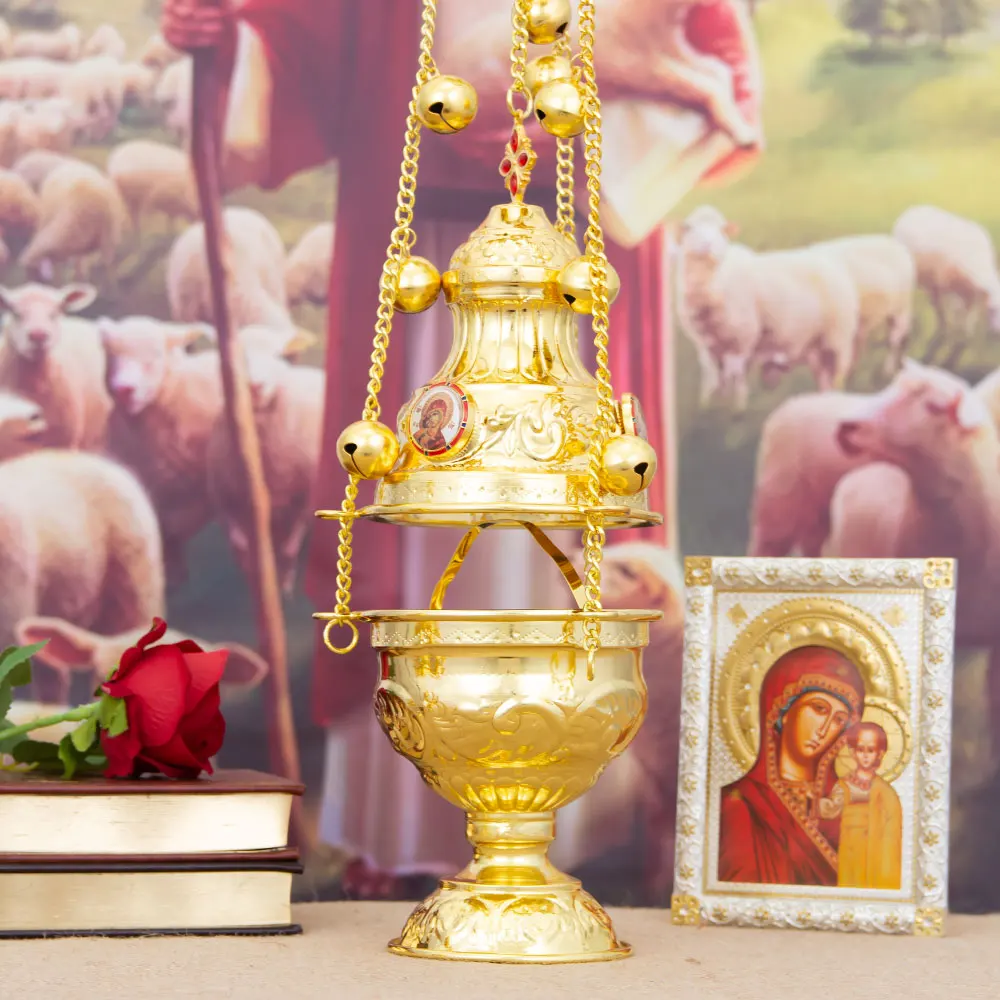 HTISOK vergoldetes orthodoxes Räuchergefäß mit Glockenketten, östliches orthodoxes, liturgisches, wirksames Räuchergefäß für religiöse Rituale, Kirche – Detail 15