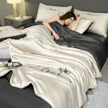Couette brodée haut de gamme pour printemps et été, ensemble de 3 ou 1 pièce, couverture d'été de luxe, respectueuse de la peau, couette légère, Queen King 1