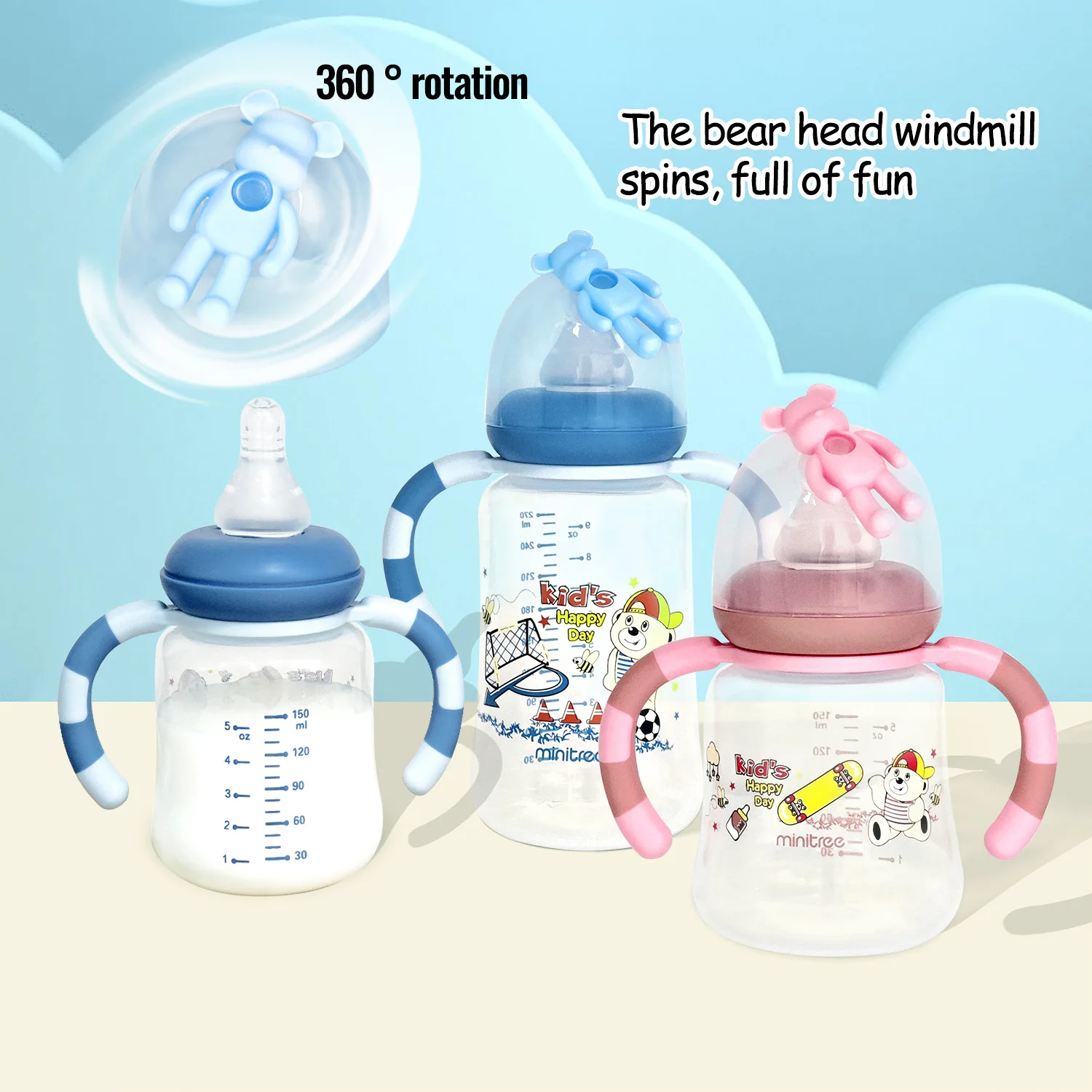 1PCS Bear wide diameter PP baby bottle with handle, clear scale, anti-flatulence baby bottle 2-in-1 can play and drink