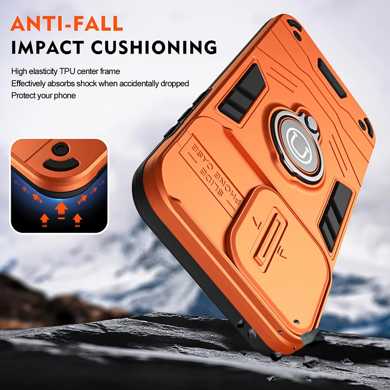 Enhanced Armor Phone Case with Magnetic Ring Holder and Camera Protection Slider - Anti-Impact Cushion Cover