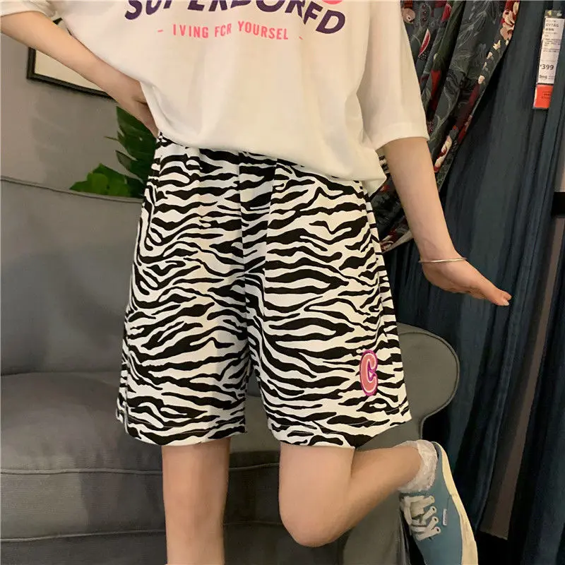 2024 New Zebra Patterned High Street Sports Pants for Summer Thin Wide Leg Straight Leg Shorts