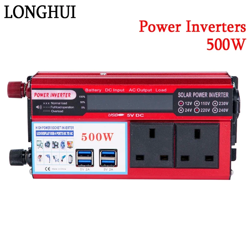 Inversor de Onda Senoidal Pura com Display Led Conversor de Energia Solar 500w dc 12v 24v a 110v ac 220v Reino Unido Soquete Duplo