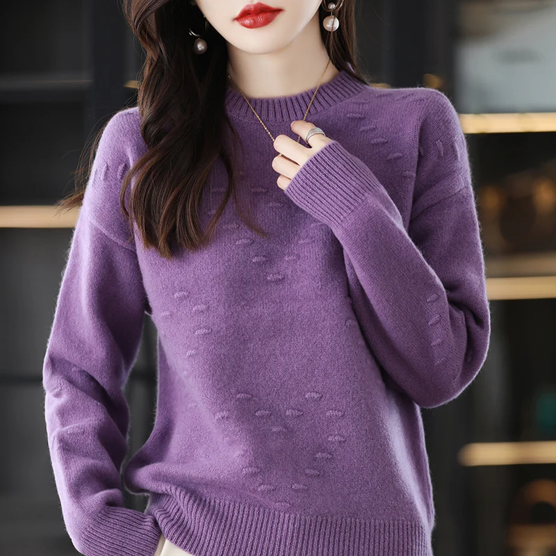 

100% pure wool sweater women's O-neck knitted loose pullover autumn and winter new casual all-match long-sleeved sweater women