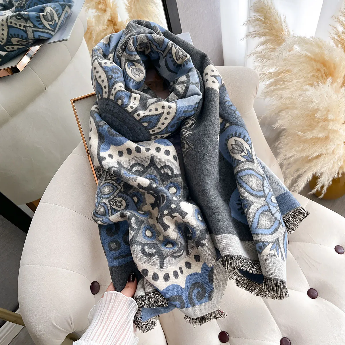 Winter Elegance Cashmere Two-Sided Scarf For Women Shawl Female Pashmina Luxury Brand Poncho Thick Blanket Warm Bufanda Echarpe