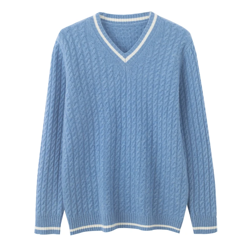 S-XXXL New men's 100% wool V-neck color blocked sweater for autumn and winter, casual knitted pullover full sleeve men's sweater 3