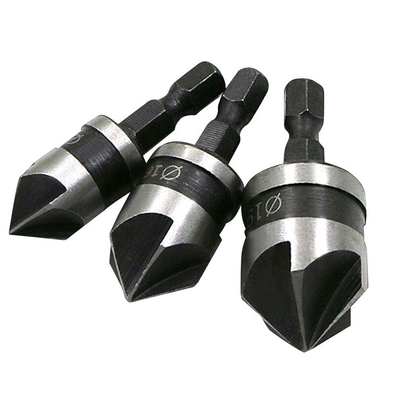 3PC Hexagonal Shank 90 Degree Black Five Blade Chamferer 12/16/19mm Countersink Drill Woodworking Hole Opener Tool Set
