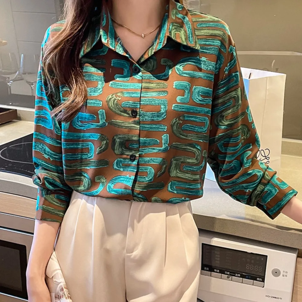 

Autumn Women's Shirts Korean Fashion Sunflower Print Blouses Slim Long Sleeve Lapel Chiffon Shirt Female Tops Blusas Mujer