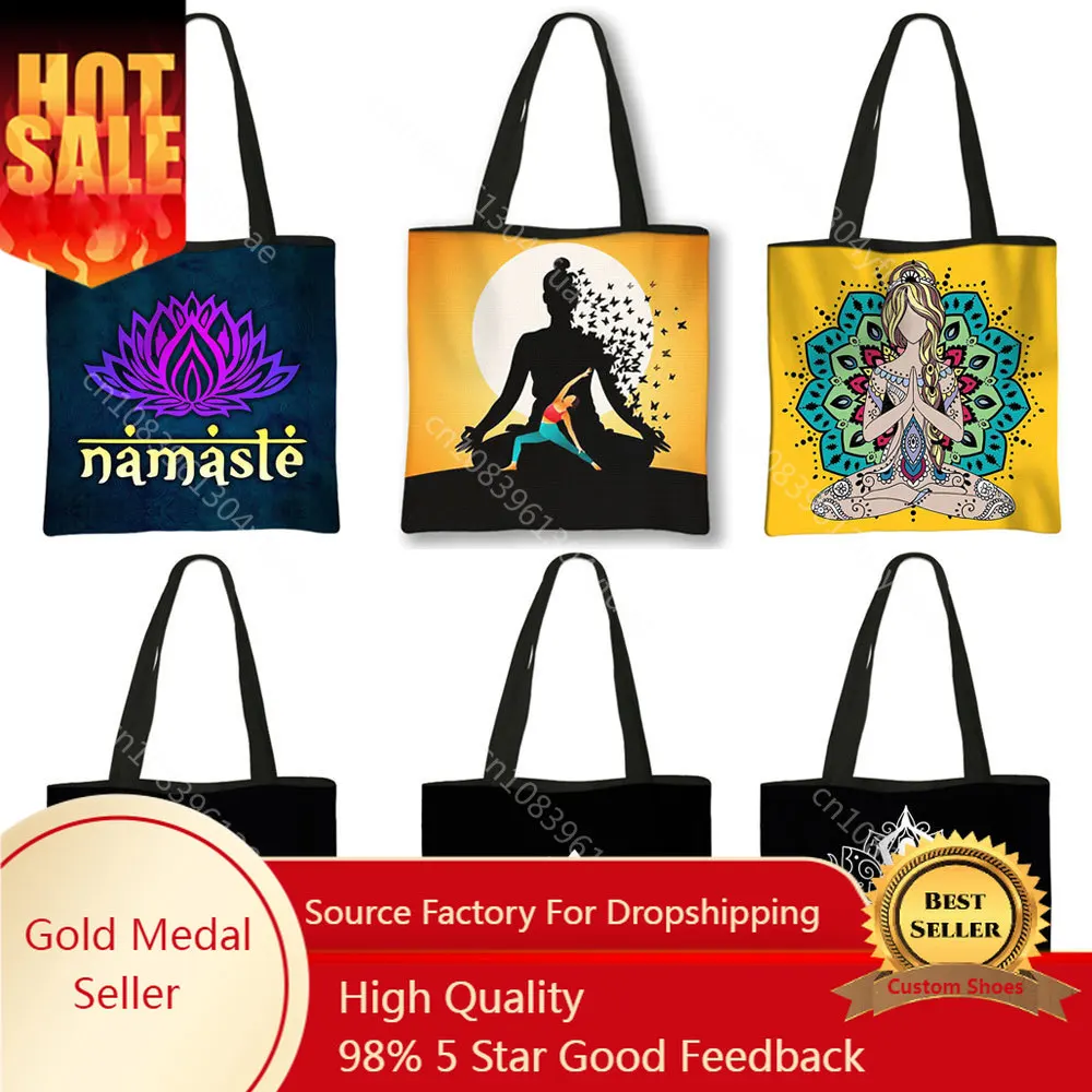 

Yoga Namaste Print Shopping Bag Mandala Lotus Women Handbag Large Storage Totes Grocery Bags Ladies Reusable Shopper Bag