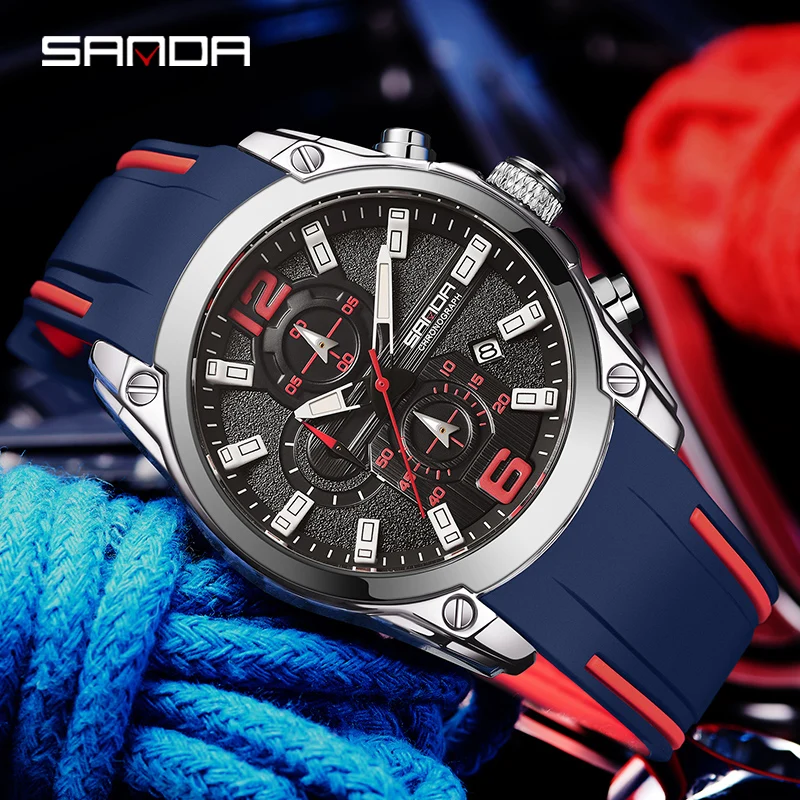 

2023 Sanda 5305 Men's Watch Silicone Strap Quartz Calendar Wristwatch Fashion Stainless Steel Waterproof High Quality Clock