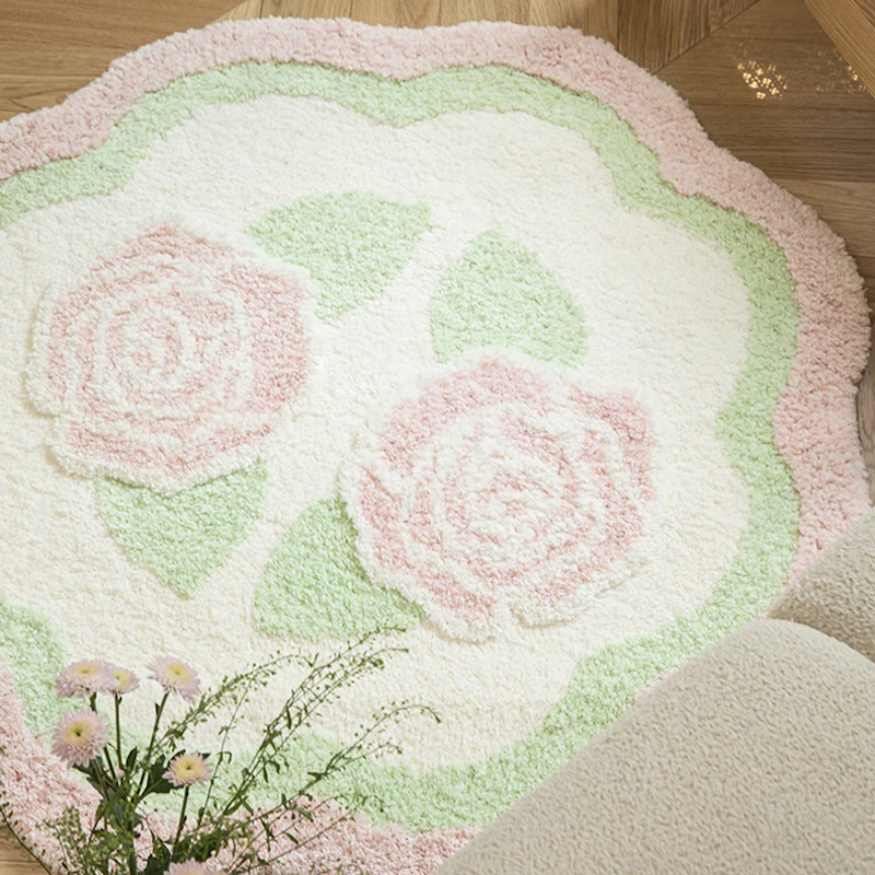 

Garden Flowers Shaggy Tufted Carpet Pink Rose Soft Fluffy Floor Rugs Round Bedside Mat Non-Slip Absorbent Home Decorate 80 100CM
