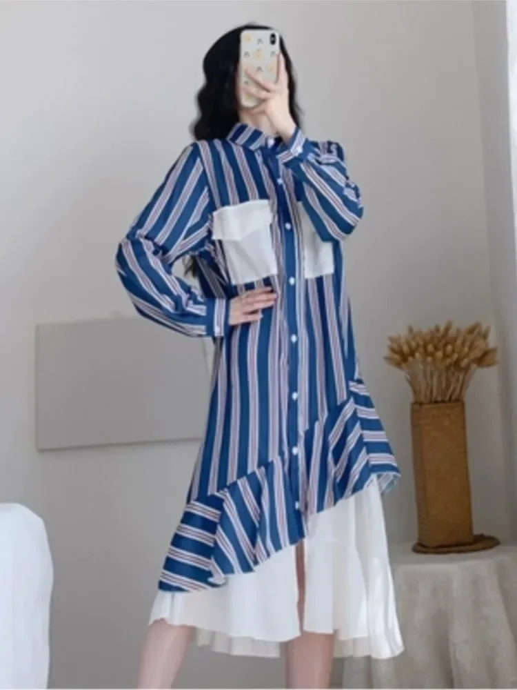 

Женское Плиссированное Платье-рубашка средней длины, свободное платье с длинным рукавом и принтом в полоску, в стиле пэчворк, осень 2023