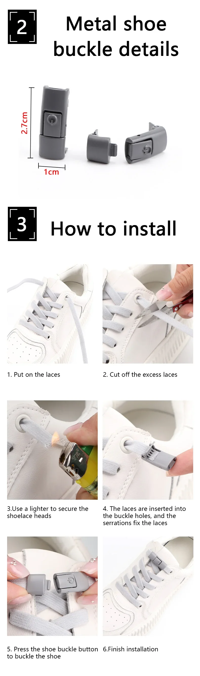 Neue elastische flache Schnürsenkel-Schalter, bunte Metallschnalle, keine Krawatte, Schnürsenkel, Press-Lock-Schnürsenkel ohne Krawatten, Sneaker für Kinder und Erwachsene – Detail 3