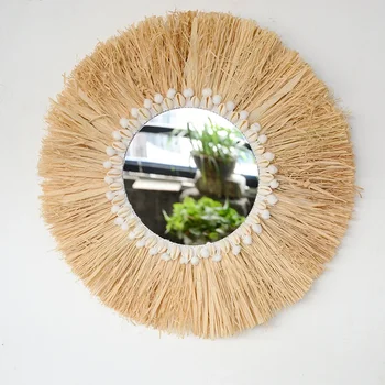 Boho Arredamento Per La Casa Foresta Rafia Specchi Da Parete Decorativi Rafia Conchiglia Intrecciata piccola palla di filatoAffappezzeria Soggiorno Specchio Decor 1