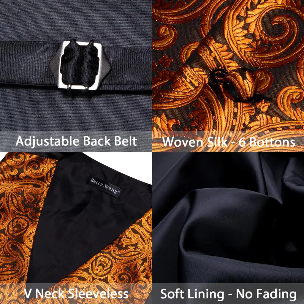 Elegant Vest for Men Dress Waistcoat Tie Set Silk Gold Paisley Formal Wedding Groom Dress Suits Male Gilet Steampunk Barry Wang