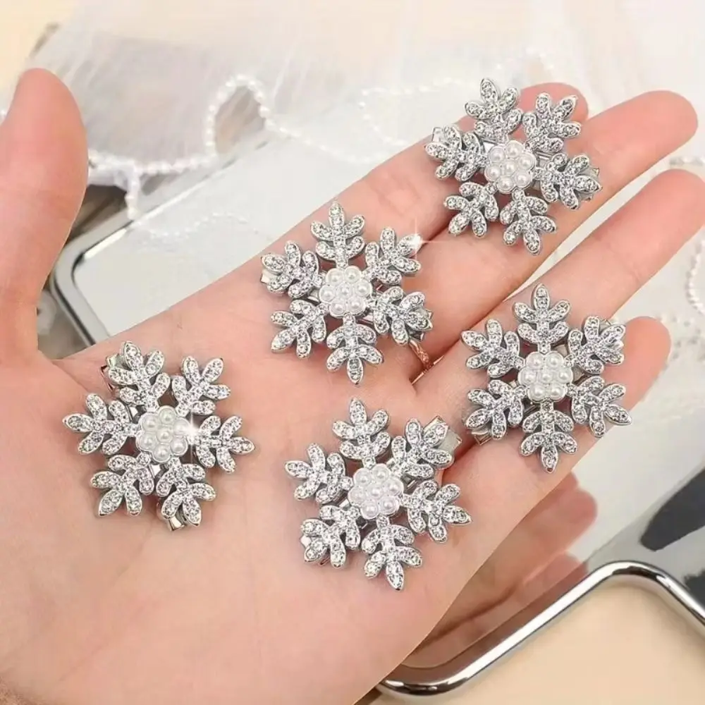 5 Pieces Sweet Snowflake Hair Clips Five-pointed Star Winter Hair Accessories Pearls Snowflake Hairpin Shiny Rhinestones