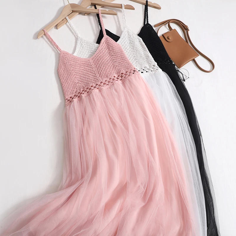

Spring Summer 2023 French Strap Mesh Dress Women Off The Shoulder Knitted Stitching Slim High Waist A-line