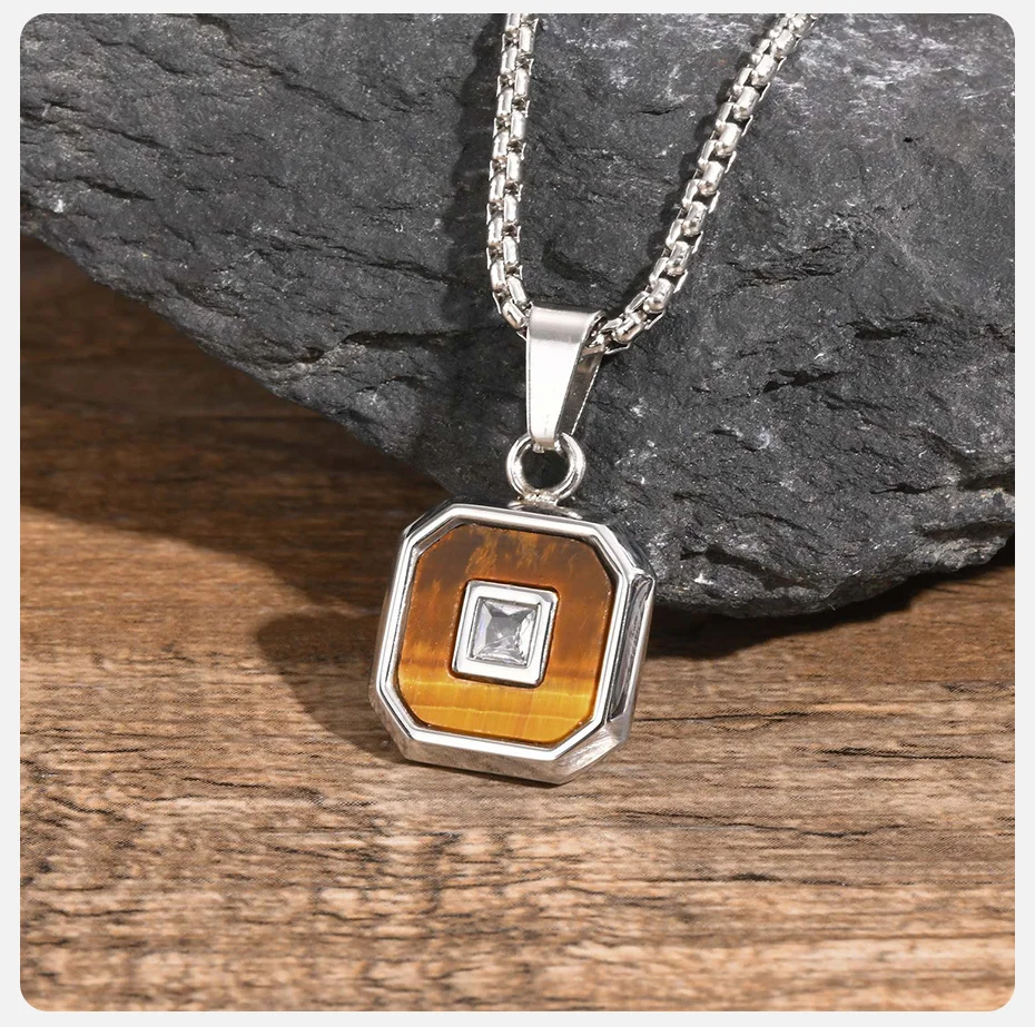 Vnox AAA CZ-Stein-Inlay, quadratische Halsketten, schwarz-silberfarbener Metallanhänger mit Tigerauge-Stein, minimalistischer cooler Schmuck – Detail 10