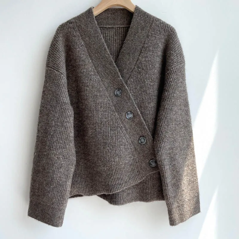 

12.28 Women's Fashion Design Irregular Single Breasted V-Neck Loose Casual Knitted Sweater Cardigan