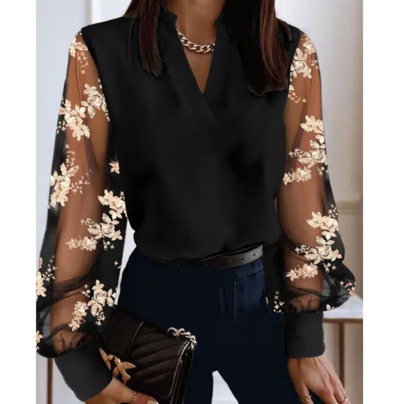 

Autumn And Winter New Fashion V-neck Lace Long Sleeved Shirt Women's Sexy Mesh Elegant Blouses Leisure Camisa Feminina Blusas