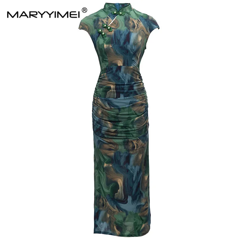 

MARYYIMEI New Spring Summer Fashion Women's Chinoiserie dress Short Sleeved Print Pleated Hip Wrap Split Party Dresses