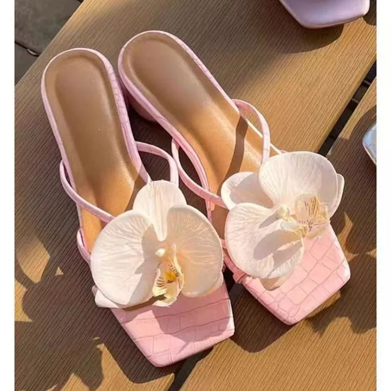 Brand Shoes Female 2025 Summer New Elegant Flowers Design Women's Slippers Casual Fashionable Outer Wear High Heel Slides Women — view 5