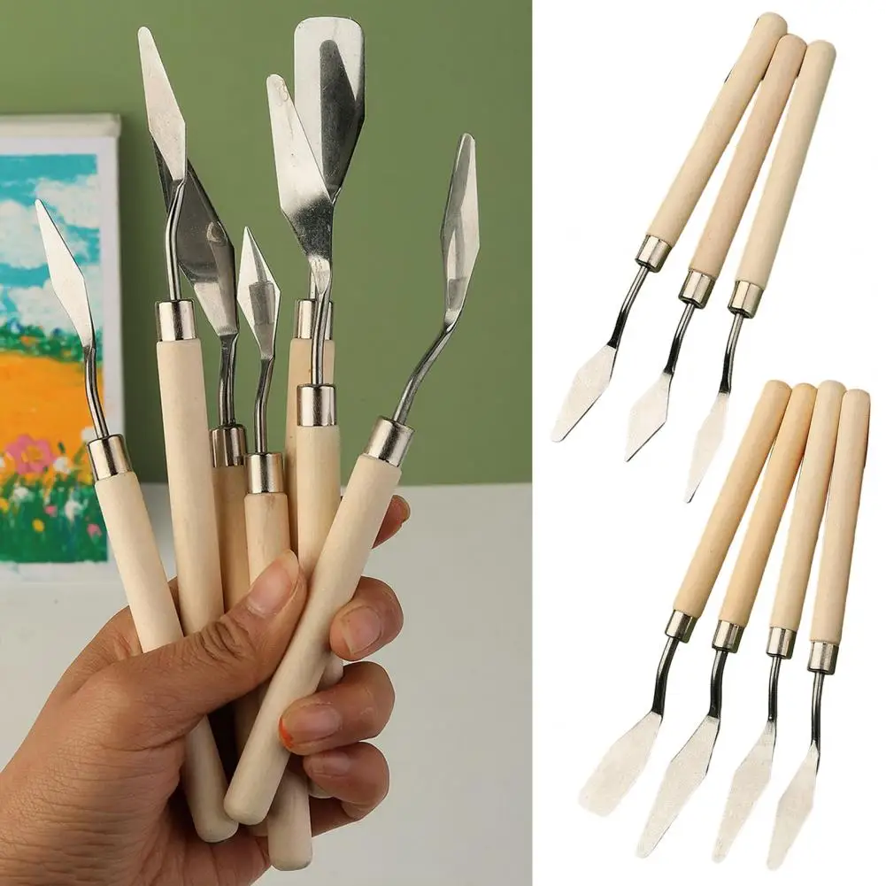 7Pcs Painting Spatula Kit with Wooden Handle Stainless Steel Oil Painting Art Palette Color Mixing Scraper Painting Accessories